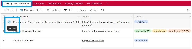 Participating companies tab of employer matrix with blue rectangle around tab's title and arrows pointing in opposite directions