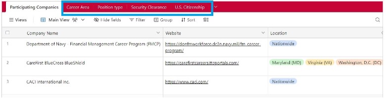 Blue rectangle around other tabs on employer matrix, including Career Area, Position Type, Security Clearance, and U.S. Citizenship