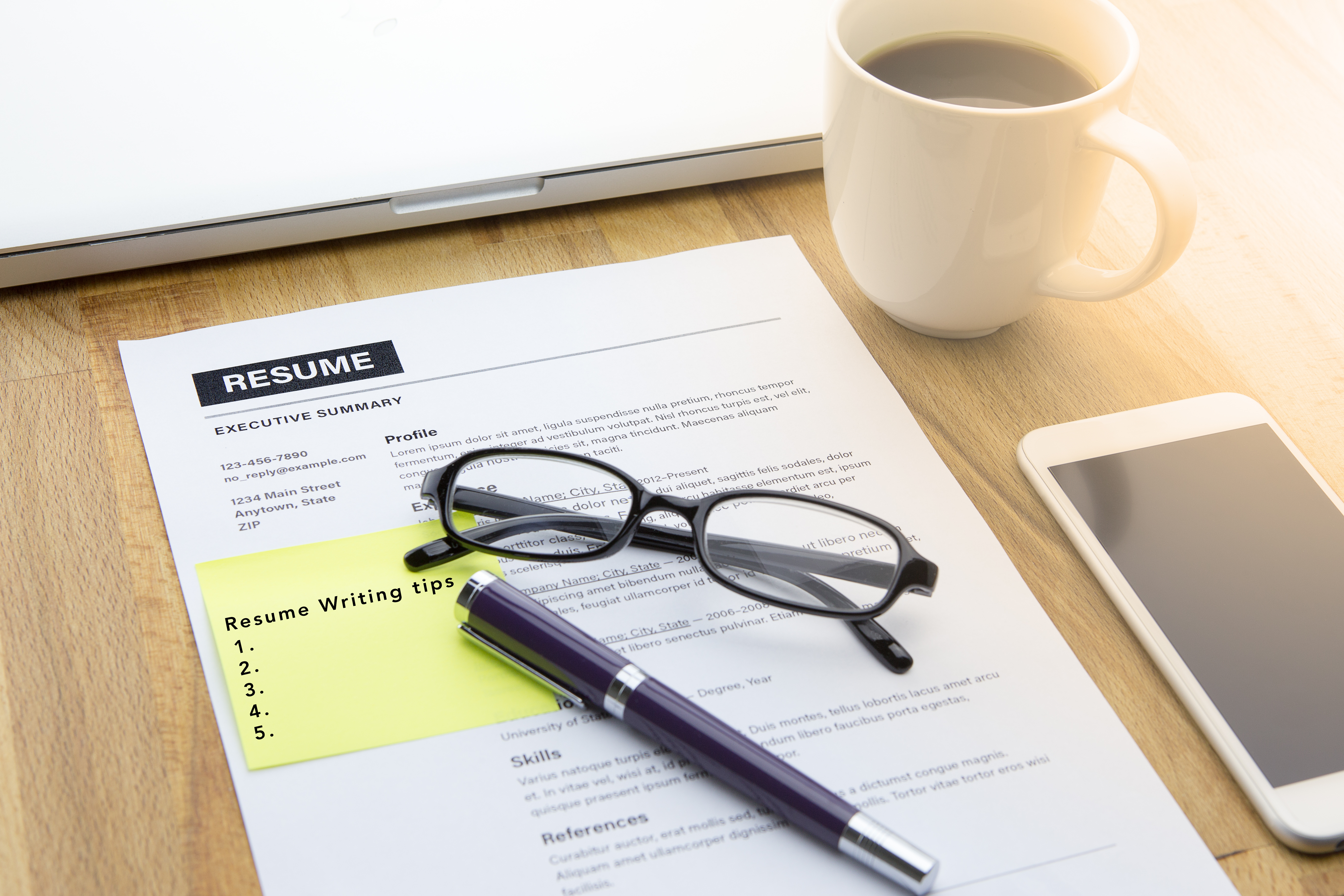 A resume on a table.