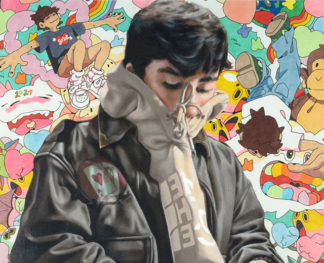 “Conversation Medication”—a drawing of a young adult, his face partially hidden by his hoodie, surrounded by a collage of candy hearts, people, and emojis—by Ben Shanklin from Allegany High School