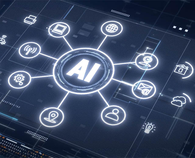 An illustration depicting the letters A and I in the center with various symbols (including the symbols for web, email, and computer) stemming from the center.