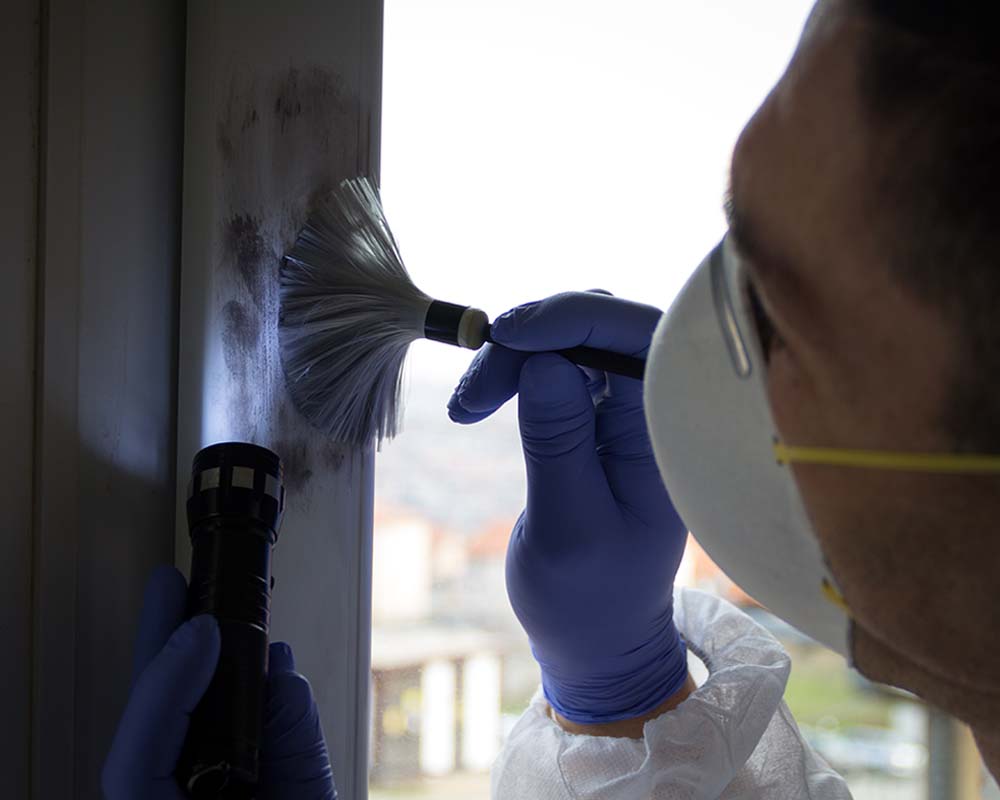 Someone using a flashlight and a brush to dust for fingerprints.