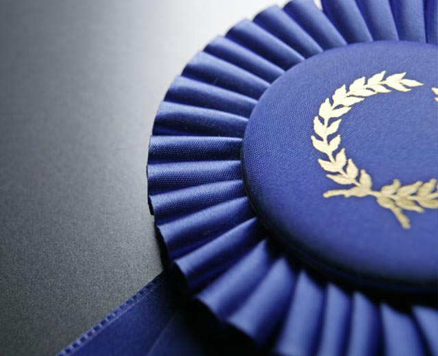 A blue ribbon signifying a special achievement.
