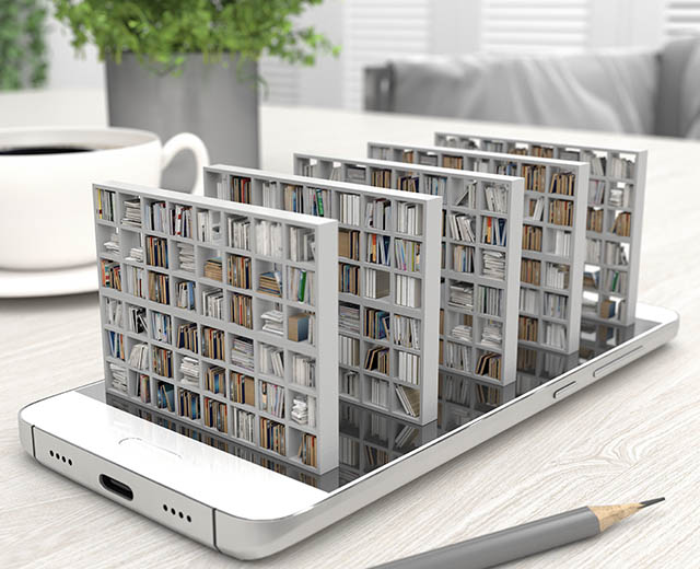 Abstract image of bookshelves coming out of a mobile phone.