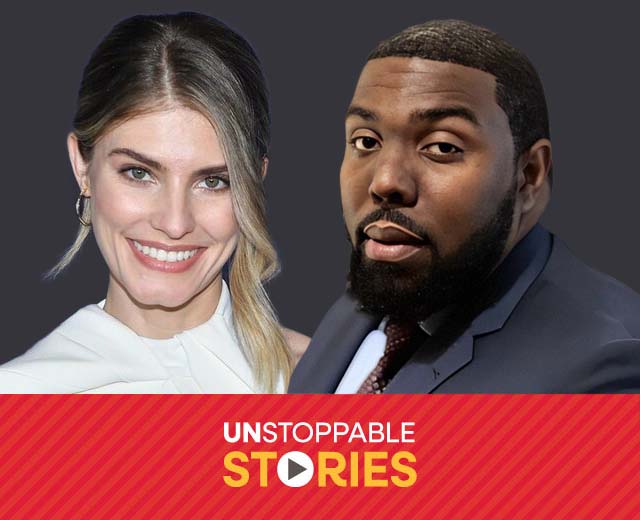 Headshots of Caitlin Bassett and Robert Blackwell above the Unstoppable Stories logo.