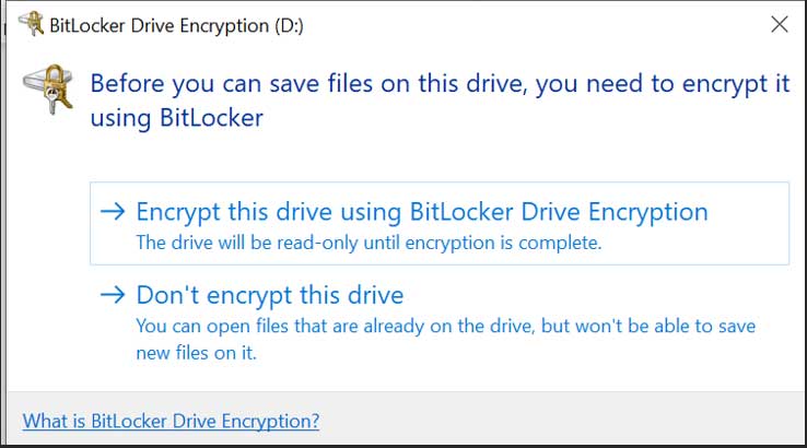 A Windows Operating System prompt asking if the user would like to use BitLocker Drive Encryption.